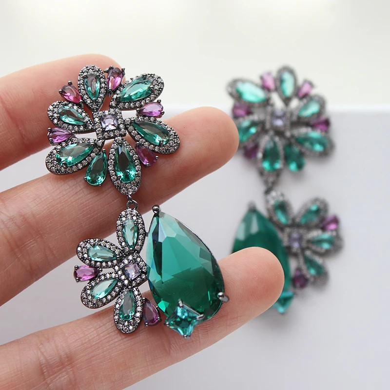 Green Flower Earrings for Women Luxury Jewelry Accessories Zircon Wedding Evening Earrings Water Drop Female Gift