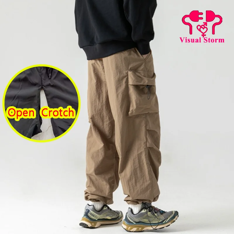 Man Open Crotch Cargo Pants with Hidden Zippers Knee Trousers Spring Crotchless 3D Pockets Easy Take Off Outdoor Comfortable