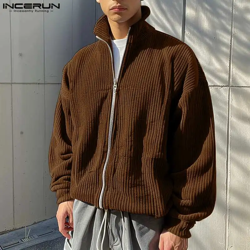 Stylish Casual Style Tops INCERUN New Men's Striped Corduroy Thick Jackets Coats Streetwear High Neck Long Sleeved Jackets S-5XL