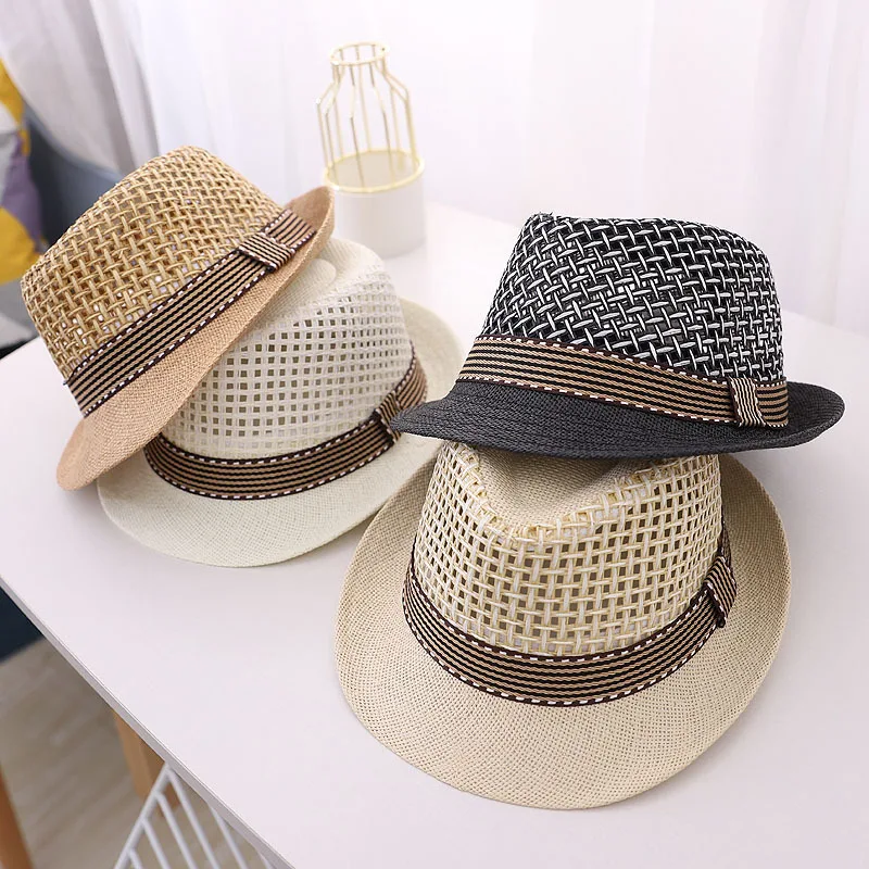 Sombrero de paja de playa de verano para niños, sombreros de sol de malla de Jazz Panamá para bebés, sombreros de fieltro de Color sólido, cinta informal para niños, gorra de vaquero