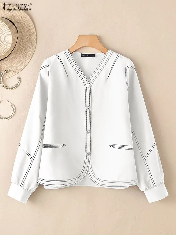 ZANZEA Stylowa Jesienna Koszula 2025 Damska Odzież Wierzchnia Modny Kardigan z Długim Rękawem w Kontrastowych Kolorach Cienkie Bluzki Zapinane na Guziki