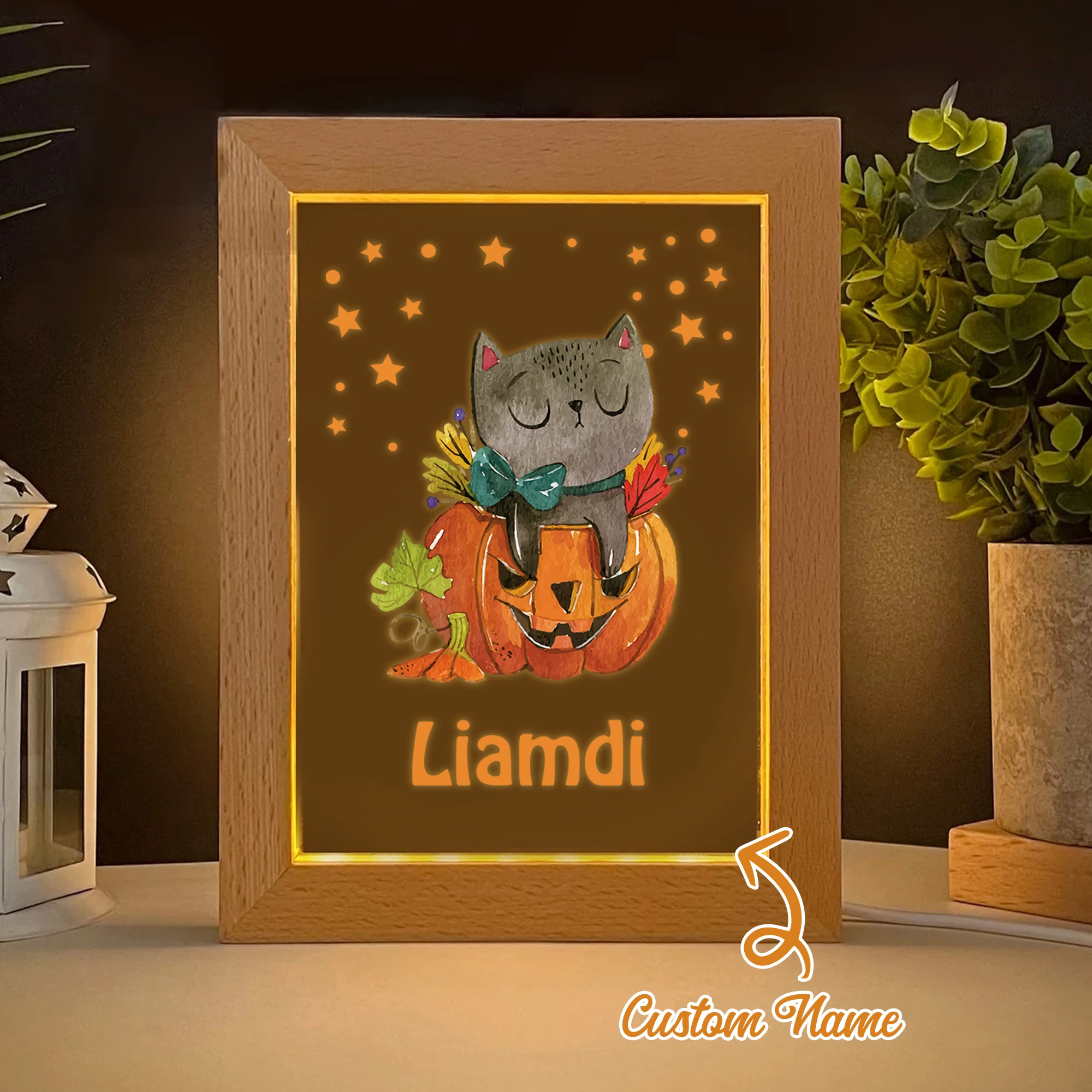 2D شقة مخصصة اسم القط الرعب اليقطين LED الاكريليك ضوء الليل إطار صور خشبي 21x17 سنتيمتر هالوين غرفة نوم هدية ديكور المنزل #1