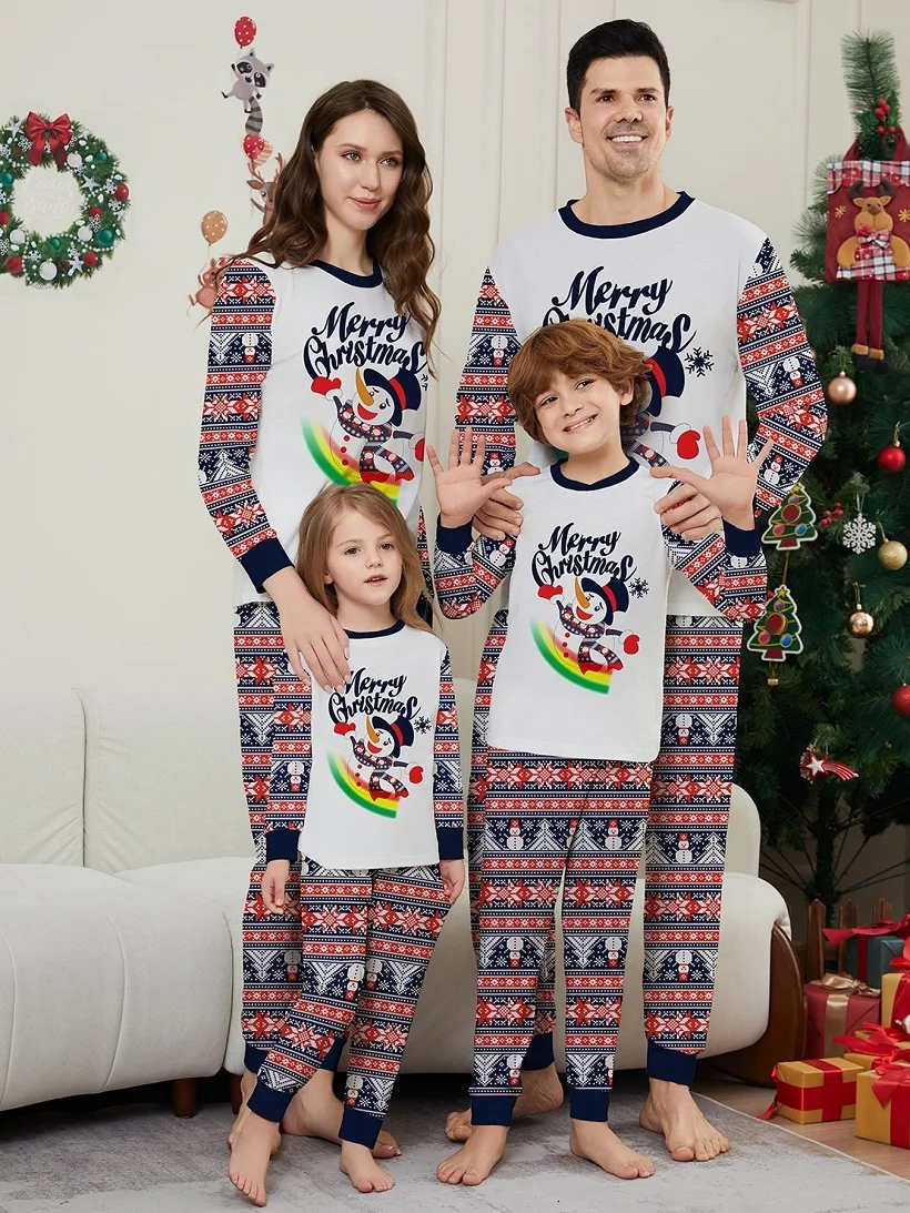 2024 Christmas Matching Family Pajamas Merry Xmas  Snowman Rainbow Pjs Adult Child Clothing Outfit Set Baby Jumpsuit+Dog Clothes