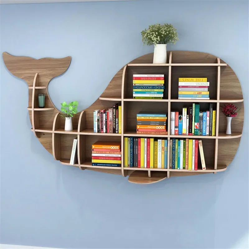 Wood Wall-mounted Rack Partition Storage Shelf Whale Shape Background Cabinet Shelves Home Decorations Wall Library for Books