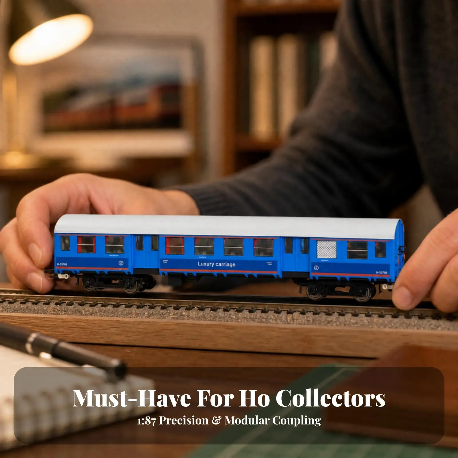 HO Scale Passenger Carriage Model in Blue for Train Model Displays with White Roof and Smooth Rolling Metal Wheels
