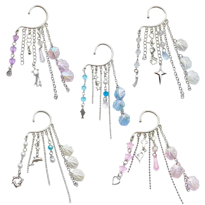 Elegant Ocean Shell Single Ear Cuff Dainty Metal Ear Hanger with Beaded Fringes and Shell for Daily Wear Dates Party