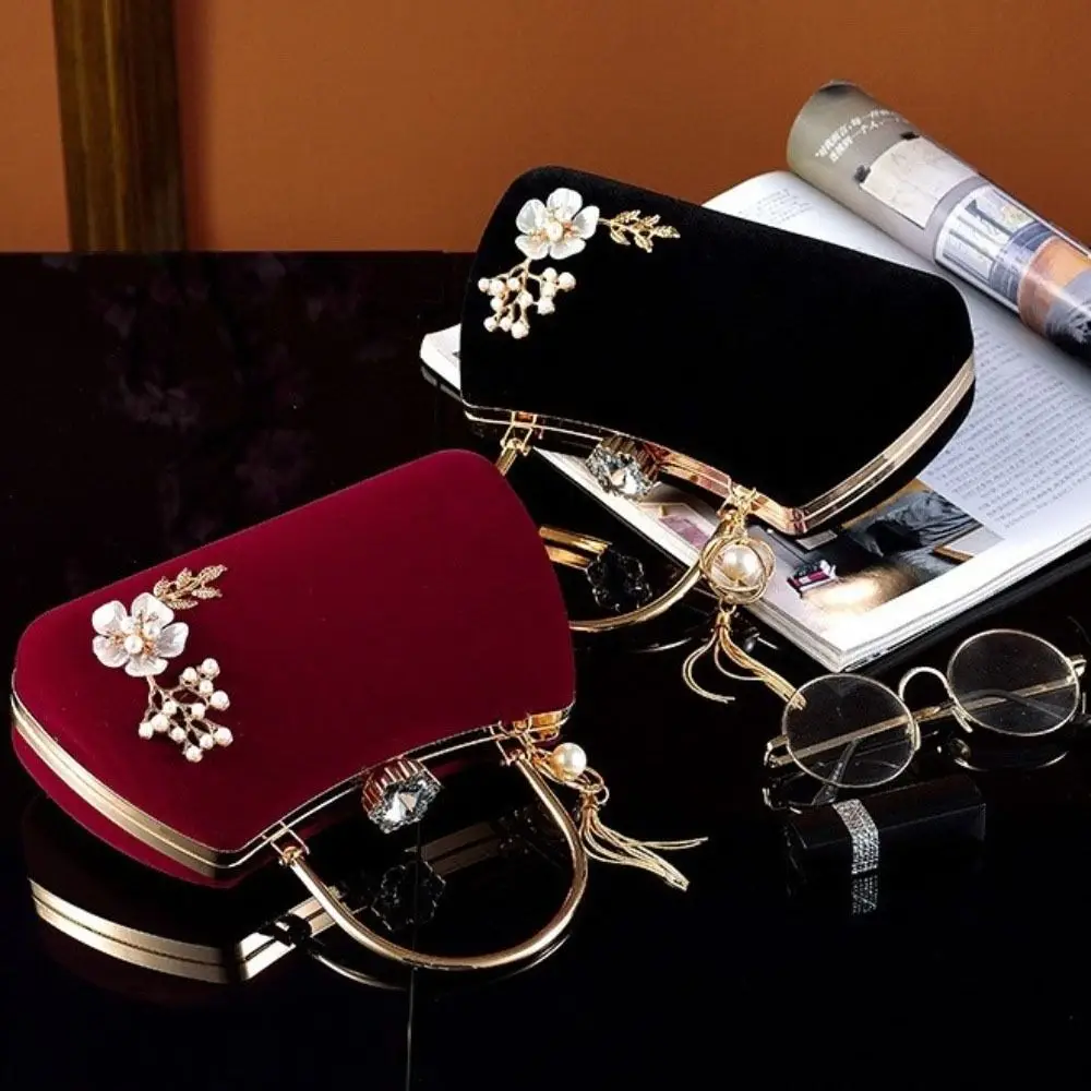 

Luxury Tassel Velvet Dinner Handbag Rhinestone Top Handle Evening Banquet Bag Clutch Flowers Bridal Clutch Bag Cheongsam