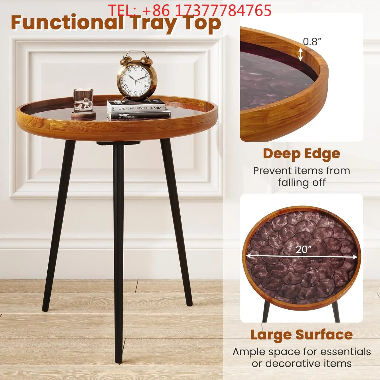 20 x 20 x 21.5 Inch Round Epoxy Resin End with Sea Shell Tray Top Mahogany Frame Outdoor Patio Furniture for Pool Yard