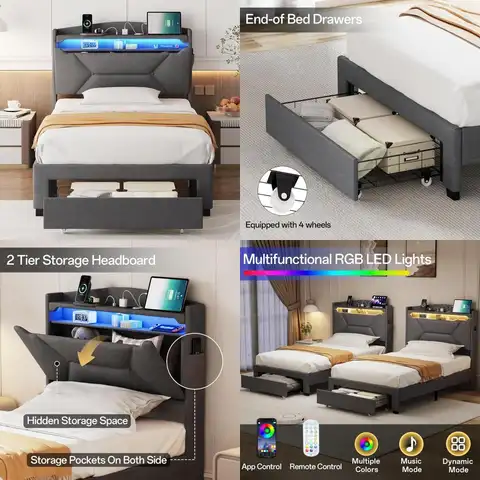 "struttura letto matrimoniale con contenitore e testiera imbottita, compresi cassetti, stazione di ricarica e illuminazione a led"