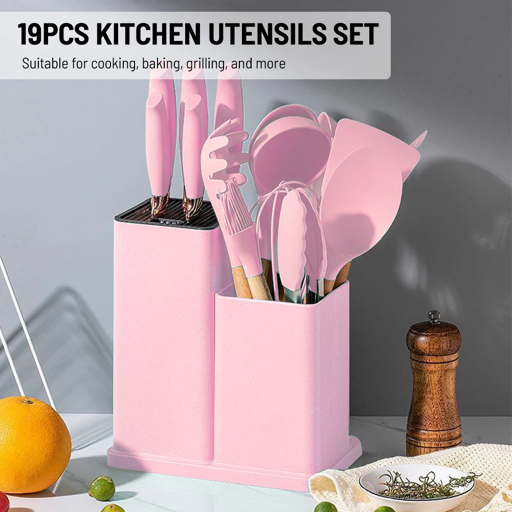 Pink 19PCS Cooking Utensils Set Non-Stick Pan Baking Tools Kitchenware Slotted Turner Spatula Spoon Food Tongs Kitchen Kit