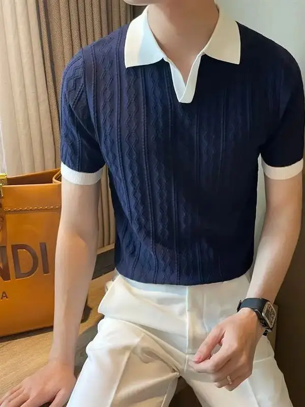 

Slim Fit Color Blo Knit ort Sve irt Autumn Winter Thiened Fce Nine Points Sve Collar Men's irt