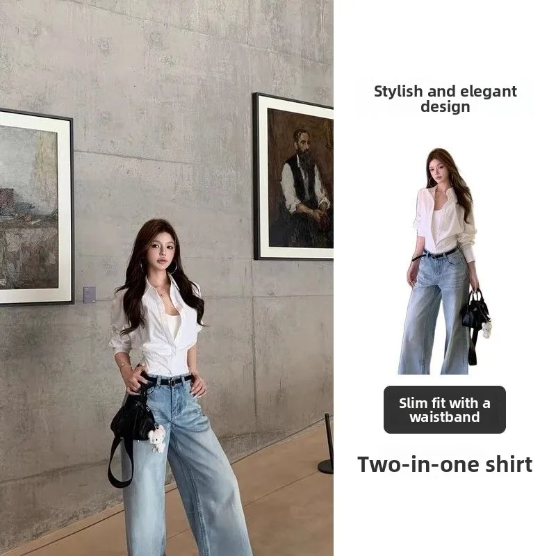 Elegant White Long Sleeve Onesie Shirt Women's Casual Top Design Sense Fake Two-Piece Commute Style Polyester Fabric