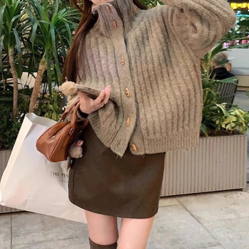 خمر تصميم القرن مشبك الياقة المدورة سترة سترة المرأة الشتاء فضفاضة سميكة محبوك أعلى #2