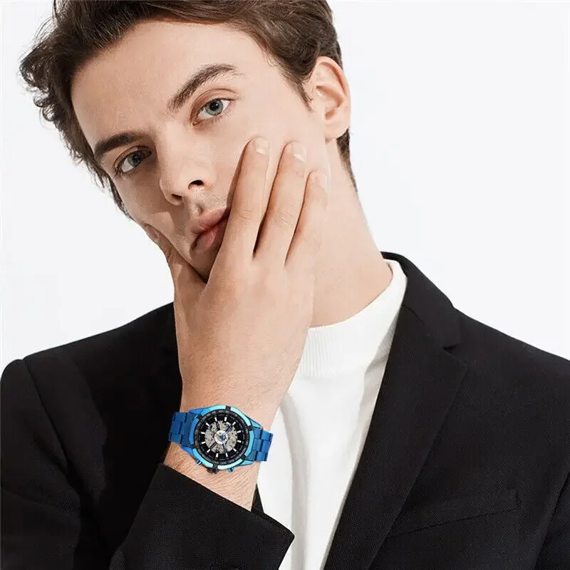 FORSINING Brand Men's Automatic Self Wind Wrist Watch Skeleton Blue Stainless Steel Strap Relogio Masculino
