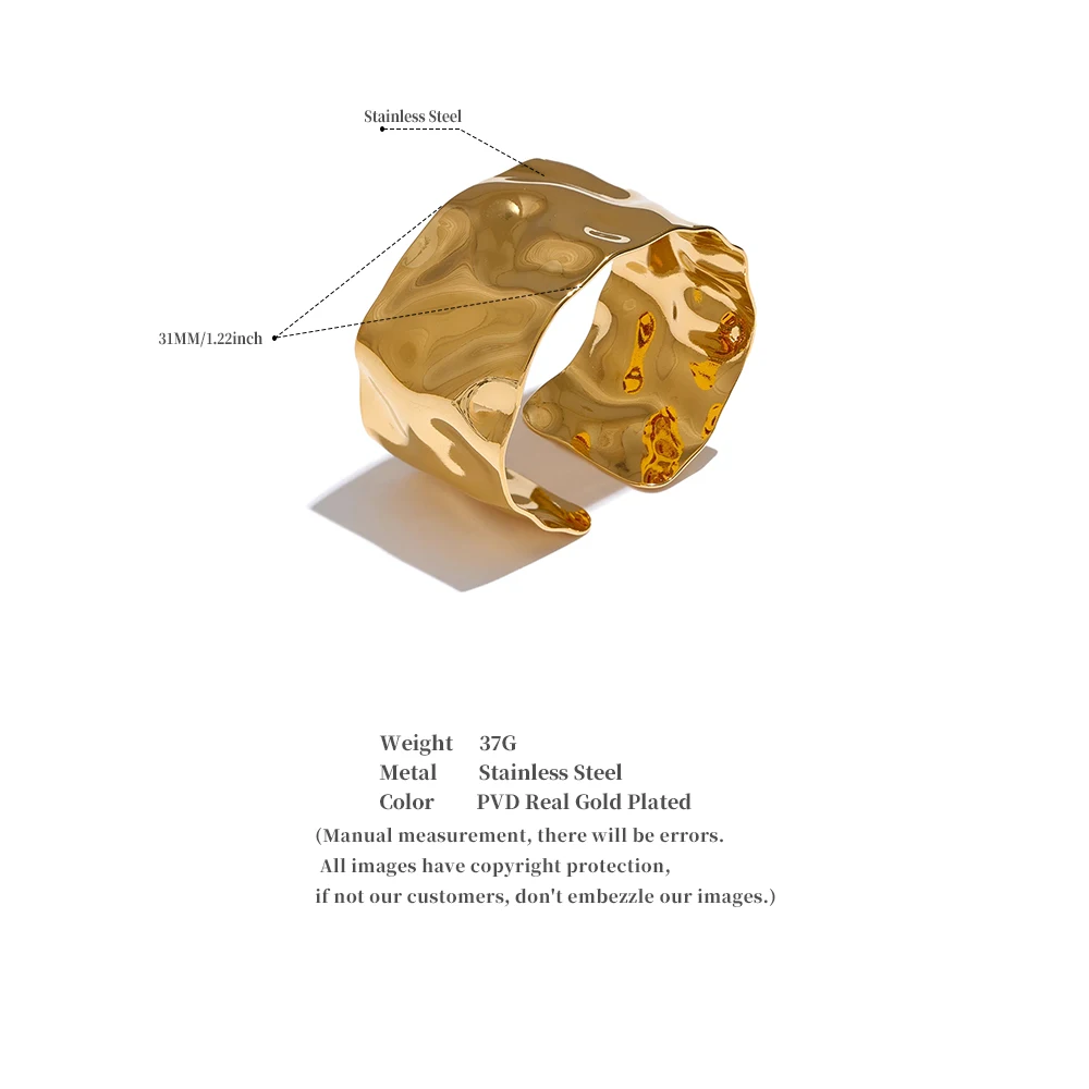 Yhpup Breites großes offenes Armband aus Edelstahl mit Metallmanschette, 18 Karat Gold, PVD-beschichtet, Statement-Wasserdicht, Handgelenkschmuck, Bijoux – Detail 5