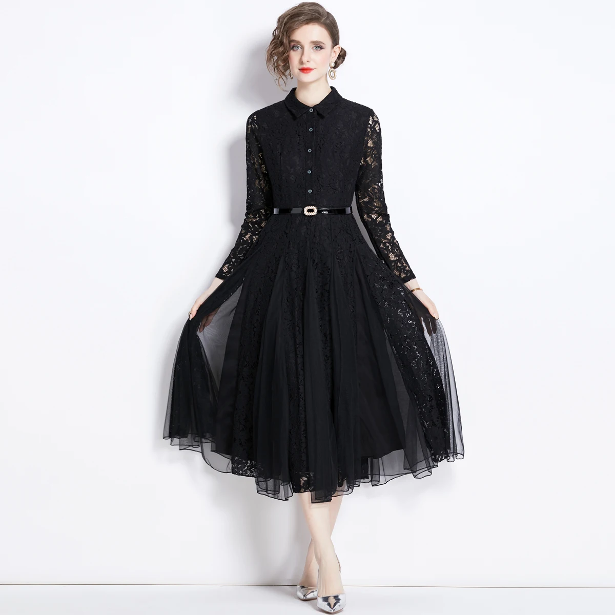 Sukienka damska na wiosnę i lato, z haftem kwiatowym, na wybieg, wieczorowa, na studniówkę, koronkowa, z kołnierzykiem, długim rękawem, paskiem, świąteczna, midi, długa, vestido.