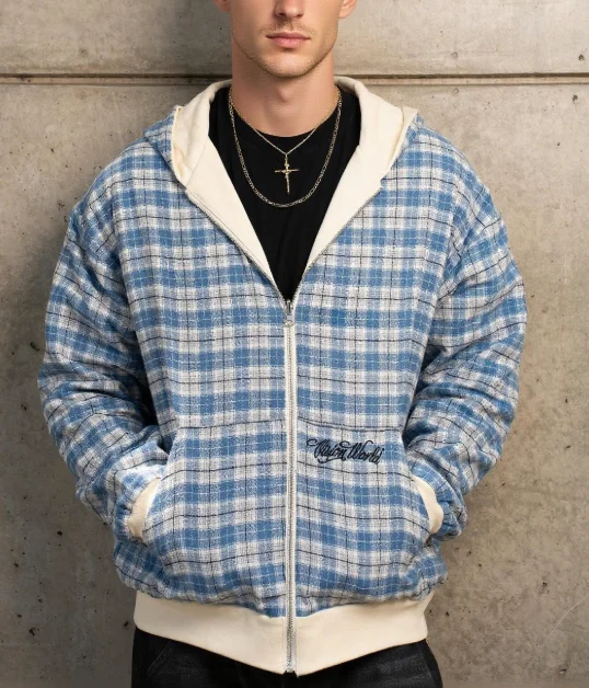 Spring and Autumn New American Trendy Brand Double Sided Stand Up Hoodie, Cardigan, Casual Workwear, Plaid Jacket