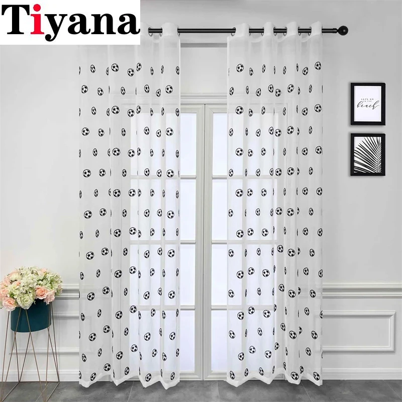 Football Embroidered Curtains, Tulle Curtain for Childrens Room, White Soccer Drapes for Living Room Bedroom Window Decoration