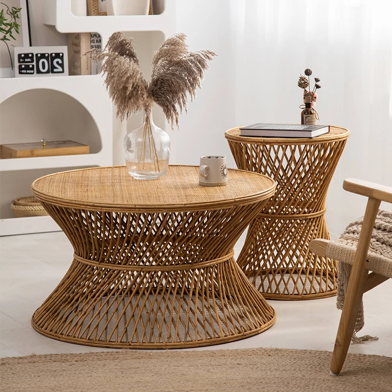 Creative Vintage Rattan Tea Table Home Furniture Living Room Round Sofa Side Tables Homestay Corner Table Balcony Coffee Tables