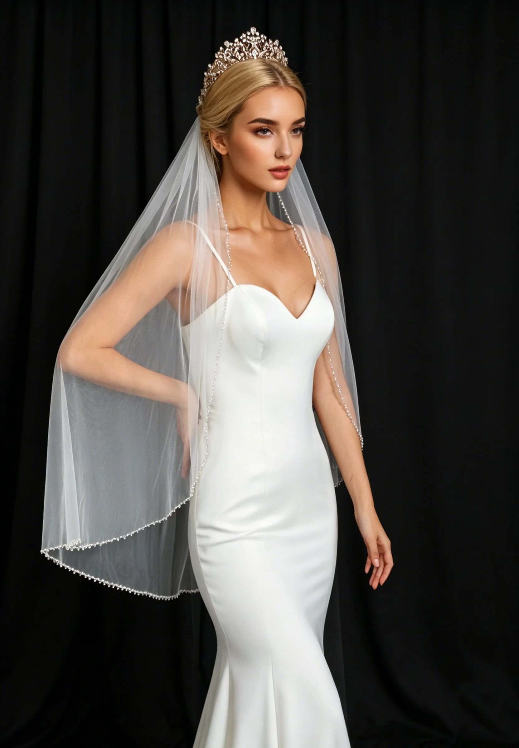 

Elegant Wedding Veil with Crystals/Beads White/Ivory Soft Tulle Bridal Veil with Comb Fingertip Length for Wedding Dress G18