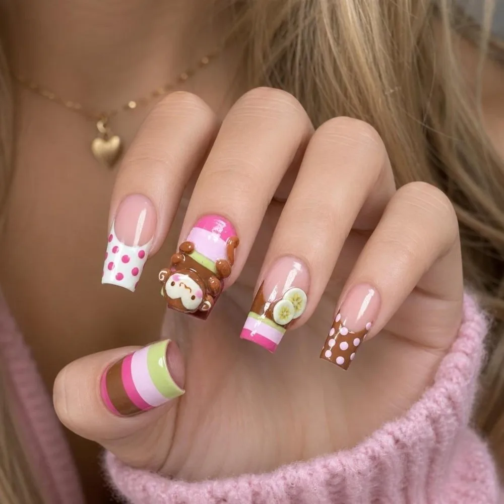 24pcs New Y2K Fake Nails Monkey Banana Chips Decor Macaron Stripes Press On Nails Cartoon French Nails Girls