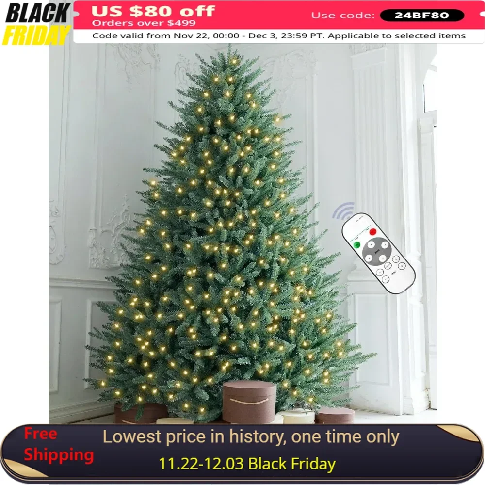 6FT Pre-lit Christmas Tree with 600 Dual Color LED Lights, Full Hinged Fir Xmas Tree Multicolor and White Lights 6 Feet