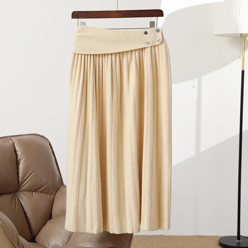 New Chic Women 100% Wool Skirt Pleated Skirt Autumn Winter Thick Casual Simple Grace Style 100% Merino Wool Knitted Skirt