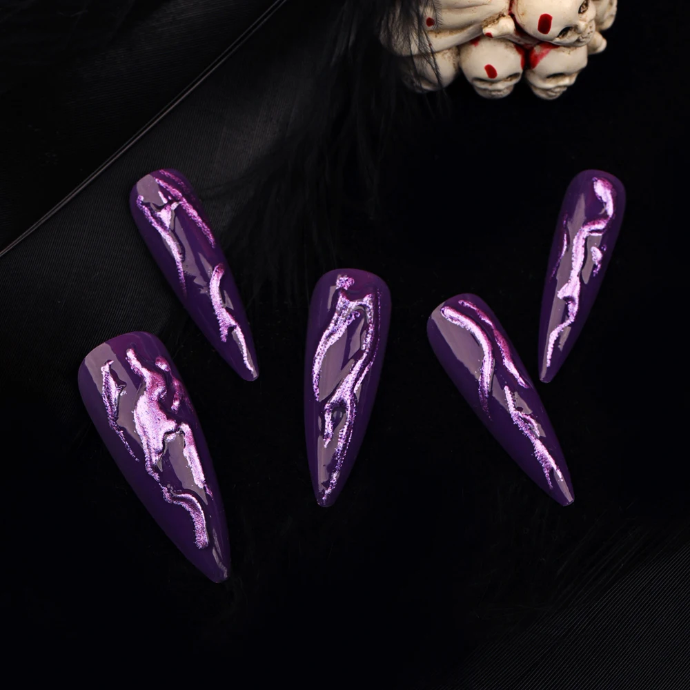 24Pcs unghie finte Halloween Purple Witch Long False Nail Design indossabile con Jelly Gel Press on Nails Tips all'ingrosso/personalizzato