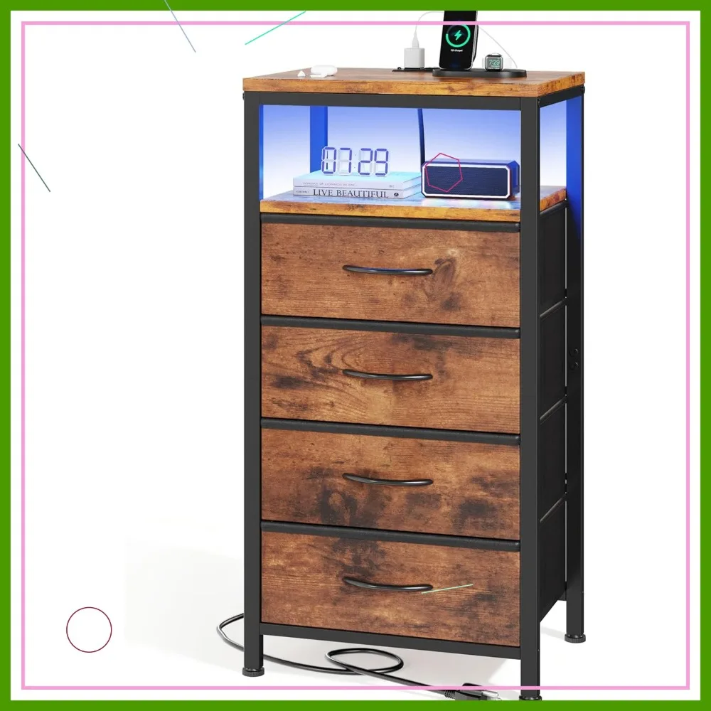 

Modern Nightstand with Charging Station, 4 Fabric Drawers & USB/Type-C Ports, Adjustable LED Bedside Table for Bedroom