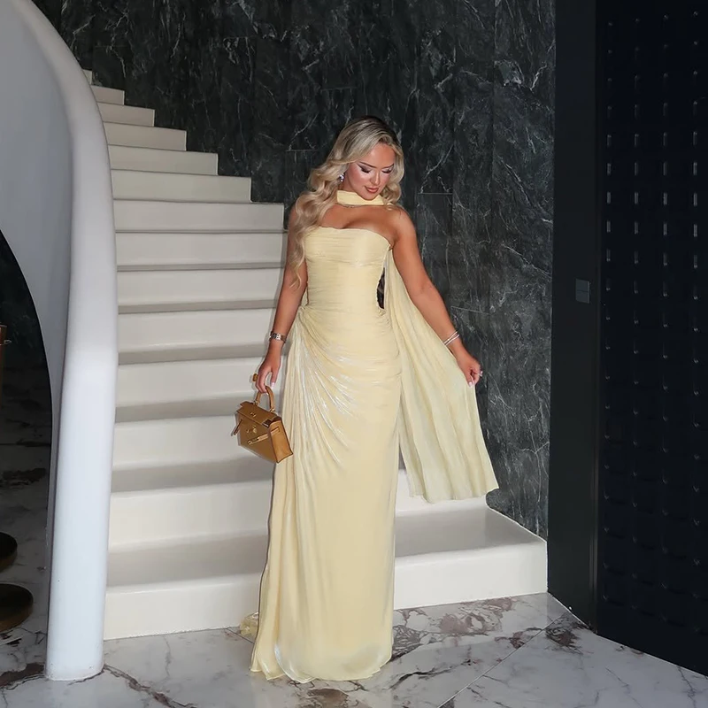 Thinyfull Formal Mermaid Prom Dresses Strapless Scarf Pleated Evening Dress Saudi Arabia Cocktail Party Prom Gown Customized