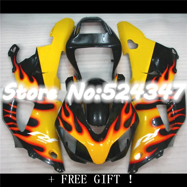 Hey-100% fit  parts for  black in yellow flame YZFR1 98 99 fairings kit YZF R1 1998 1999 body fairing for Yamaha