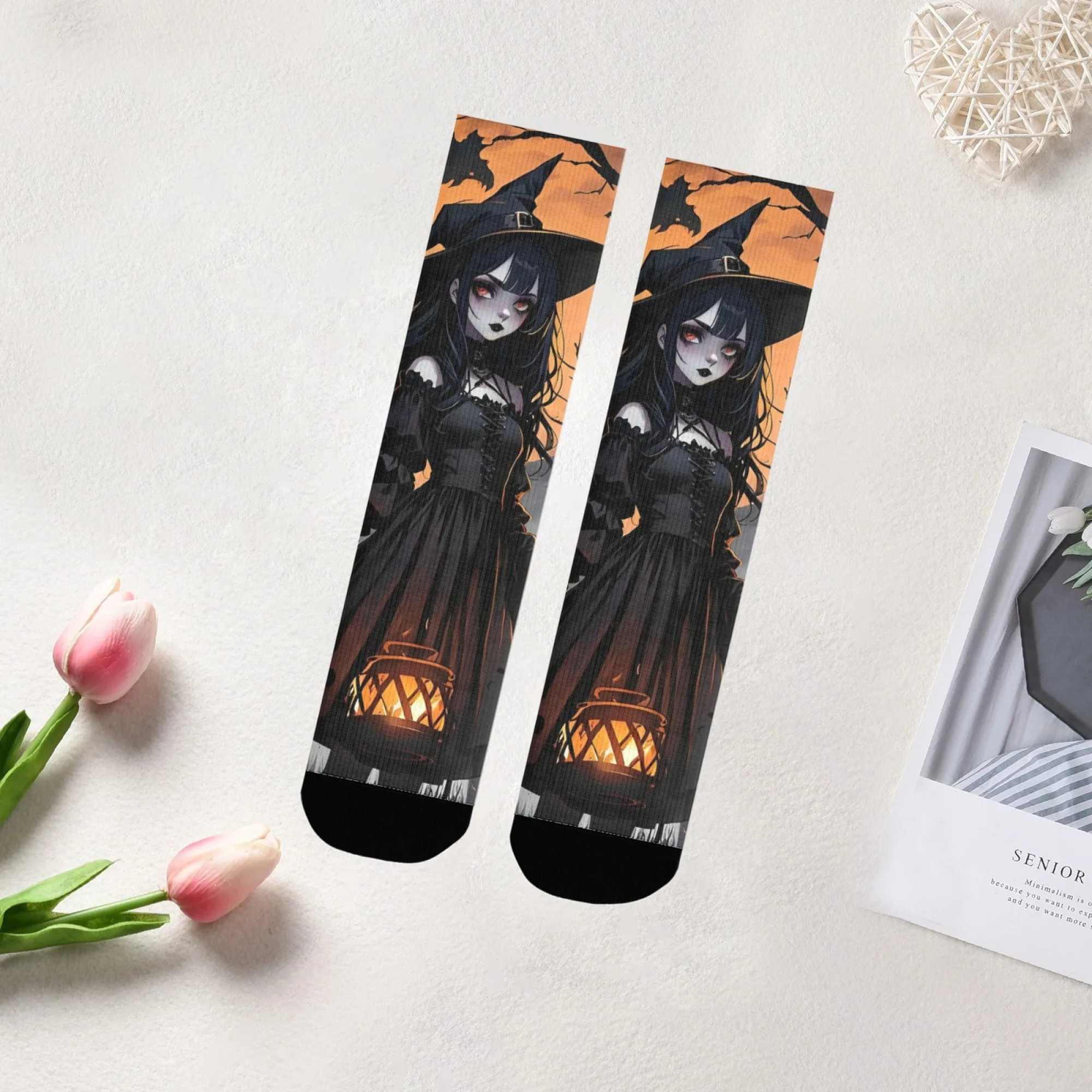 

Мягкие носки для Хэллоуина в стиле фэнтези, черная основа с принтами ведьмы и тыквенных фонарей, приятные для кожи, для занятий «Кошелек или жизнь»