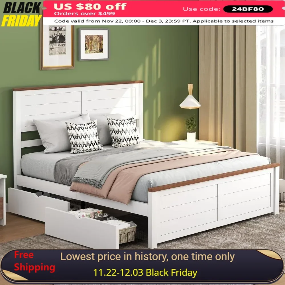 Queen Bed Frame with Headboard and 4 Storage Drawers，Wood Bed Frame for Bedroom, Wood Slats Support，Bed Frame