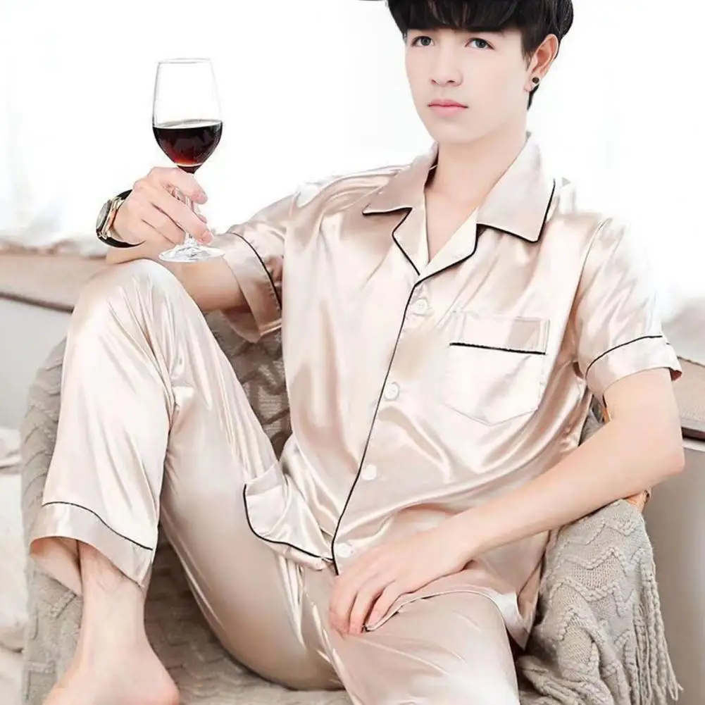 Men Pajama Set Men's Pajamas Set Short Sleeve Lapel Shirt with Buttons Elastic Waist Wide Leg Long Pants Loose Fit for Comfort