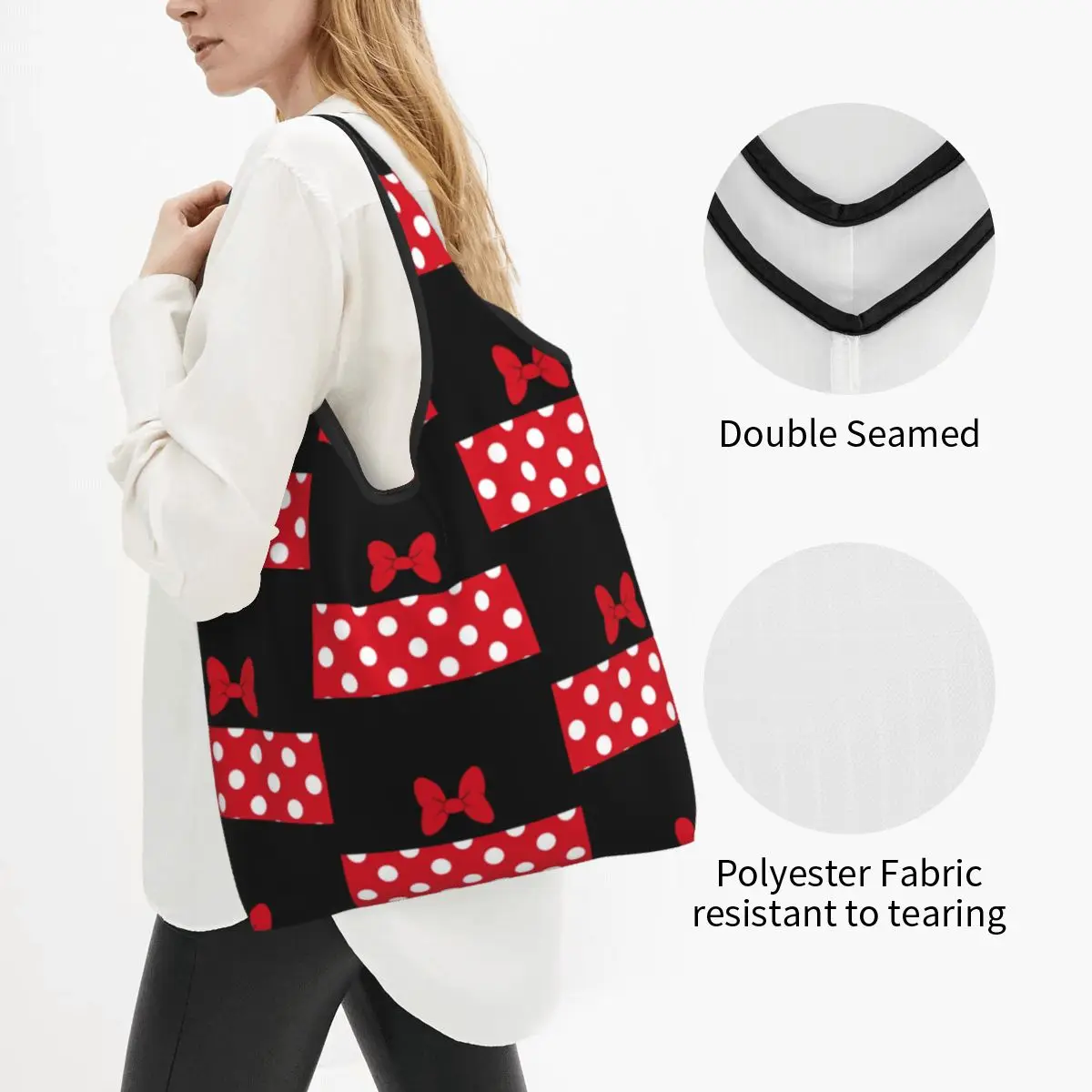 Custom Funny Print Cartoon Minnie Tote Shopping Bags Portable Shoulder Shopper Animated Polkadots Handbag