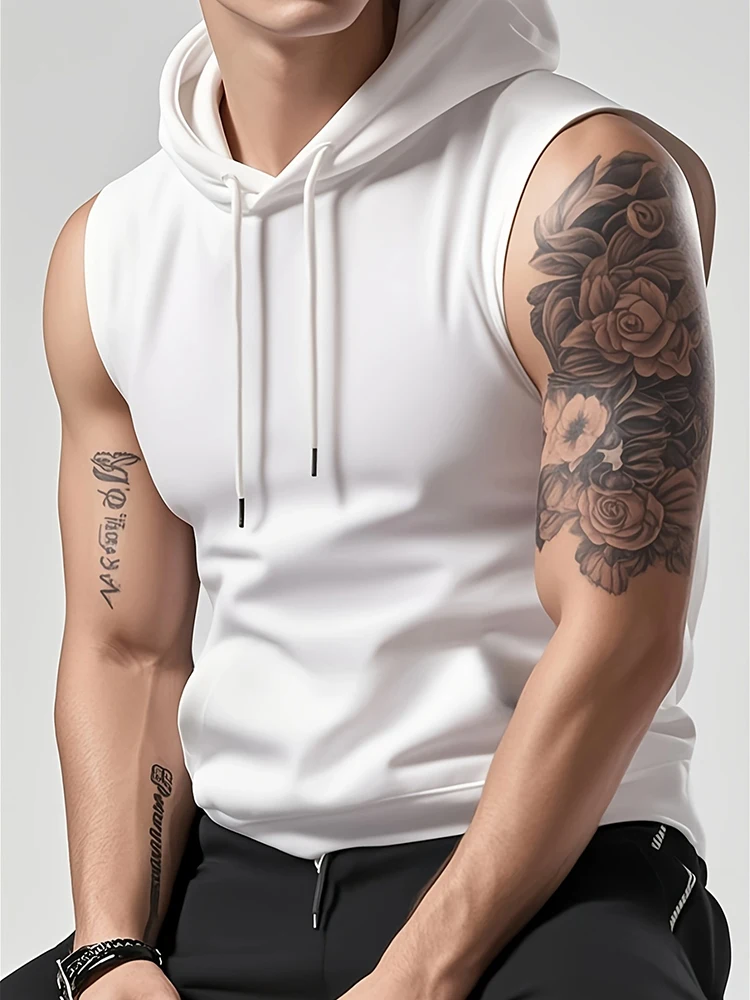 Sports Fitness Slim Fit Hooded Tank Tops Men Summer Casual Solid Color Sleeveless Camisoles Mens Stylish Drawstring Hoodie Shirt