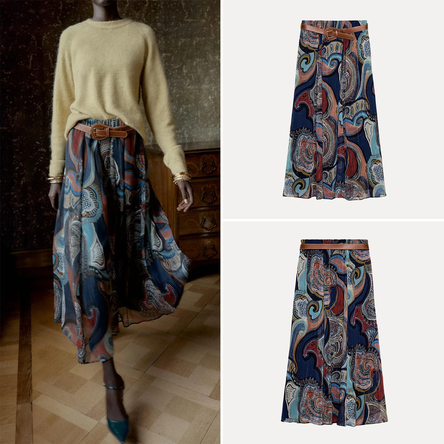 

Women's Printed Midi Skirt with Belt High Waist Metal Line European Sle Faionable Ladies' Skirts for Autumn 2025