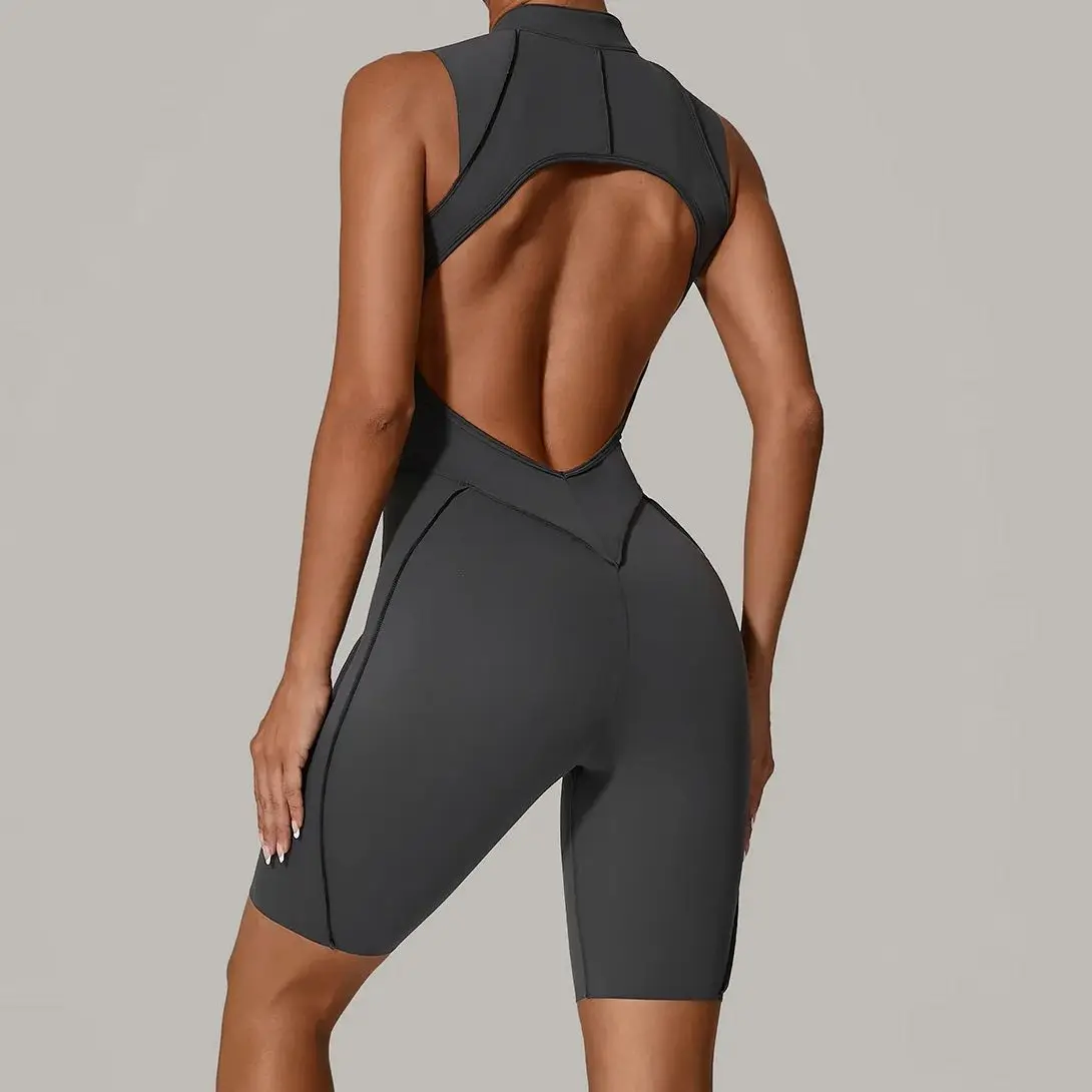 

Zipper Yoga Jumpsuits Women Sports Fitness Hip-lifting Short Sleeved Backless Jumpsuit Workout Gym Quick Drying Shorts Bodysuits