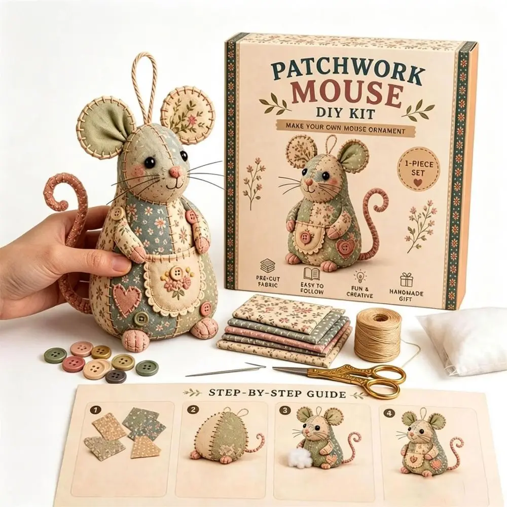 Handmade Patchwork Mouse Kit Step by Step Guide Stuffing Included Mouse Sewing Kit Buttons Included Pre Cut Fabric