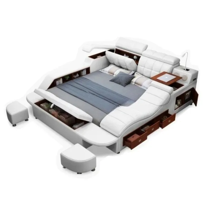 #King/Queen Size Multifunctional Bed Tech Smart Beds Ultimate Camas TATAMI Massage Lit Genuine Leather Upholstered Bed with Audi
