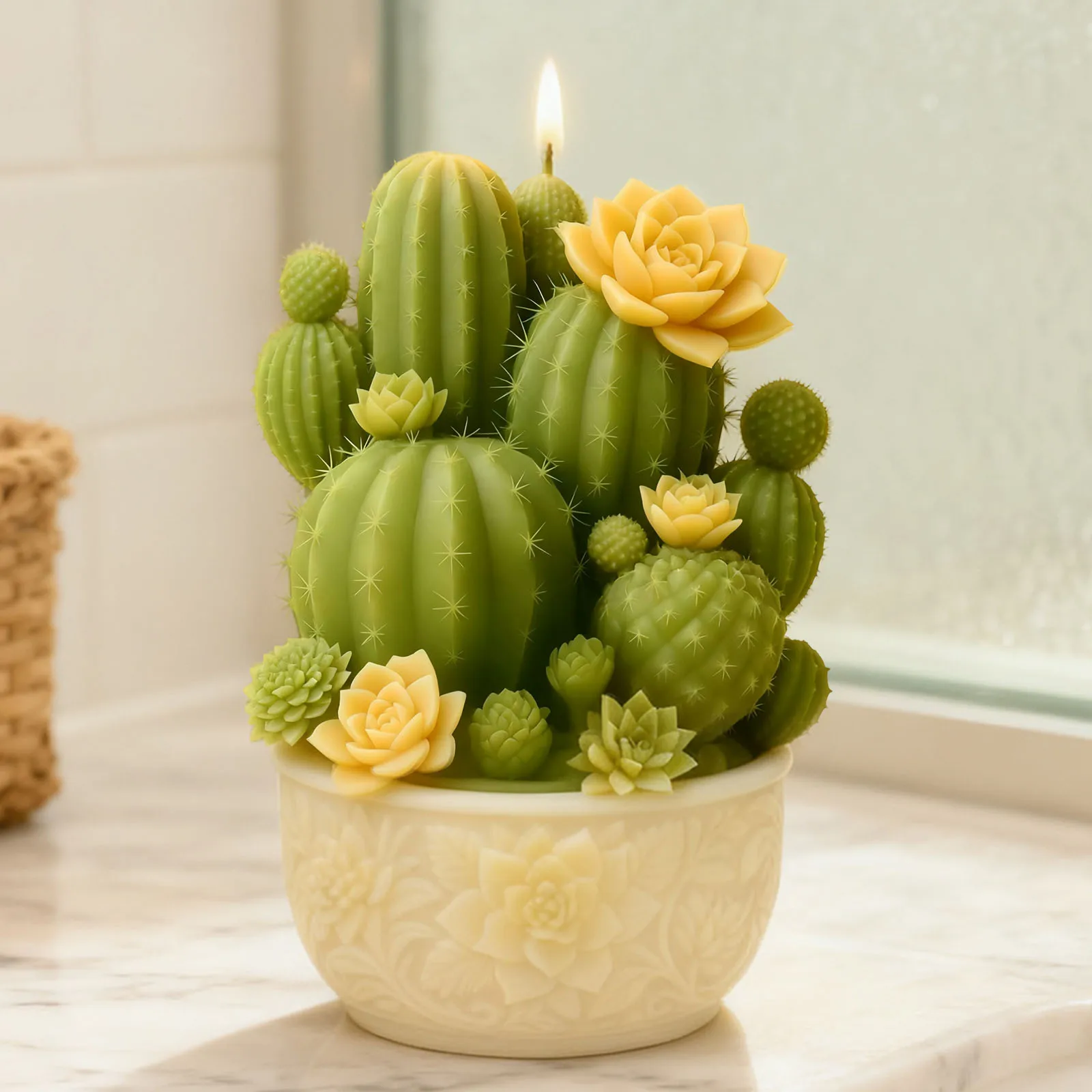 This is a candle-shaped mold for cacti and succulents. The leaves and pot details are meticulously crafted, and the mold is made