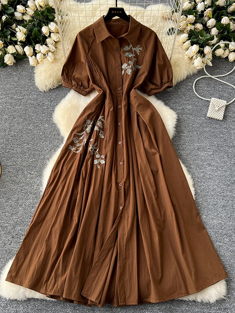 Summer Art Retro Embroidery Lace Up Ethnic Style Dress Women's New Fashionable Loose Single Breasted Shirt Dress D106