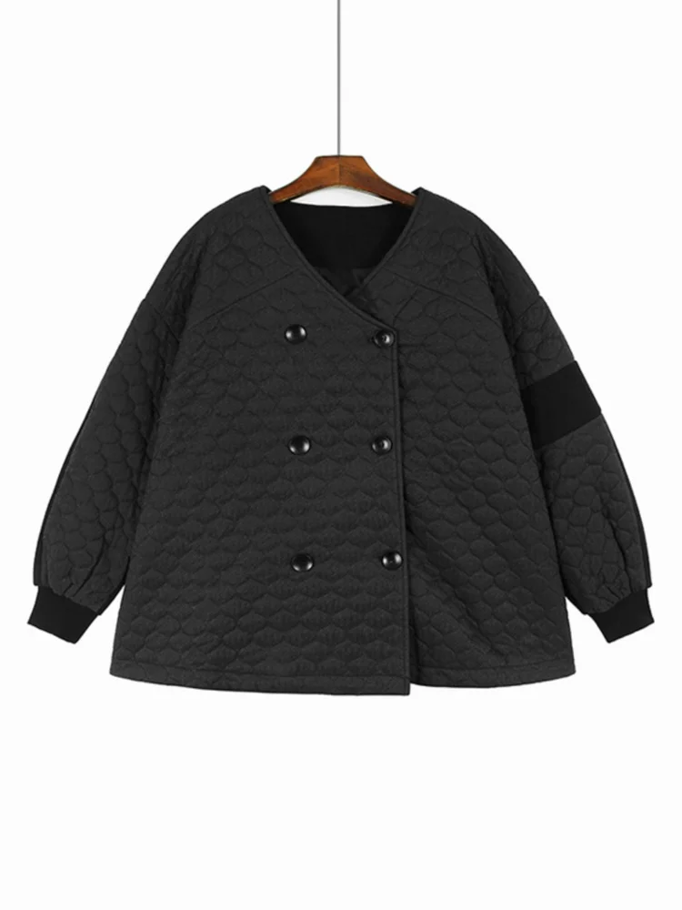 V-neck Argyle Cotton Double Breasted Drawstring Pocket Woolen Jacket Big Size Casual Top Women 2024 Spring Winter X706