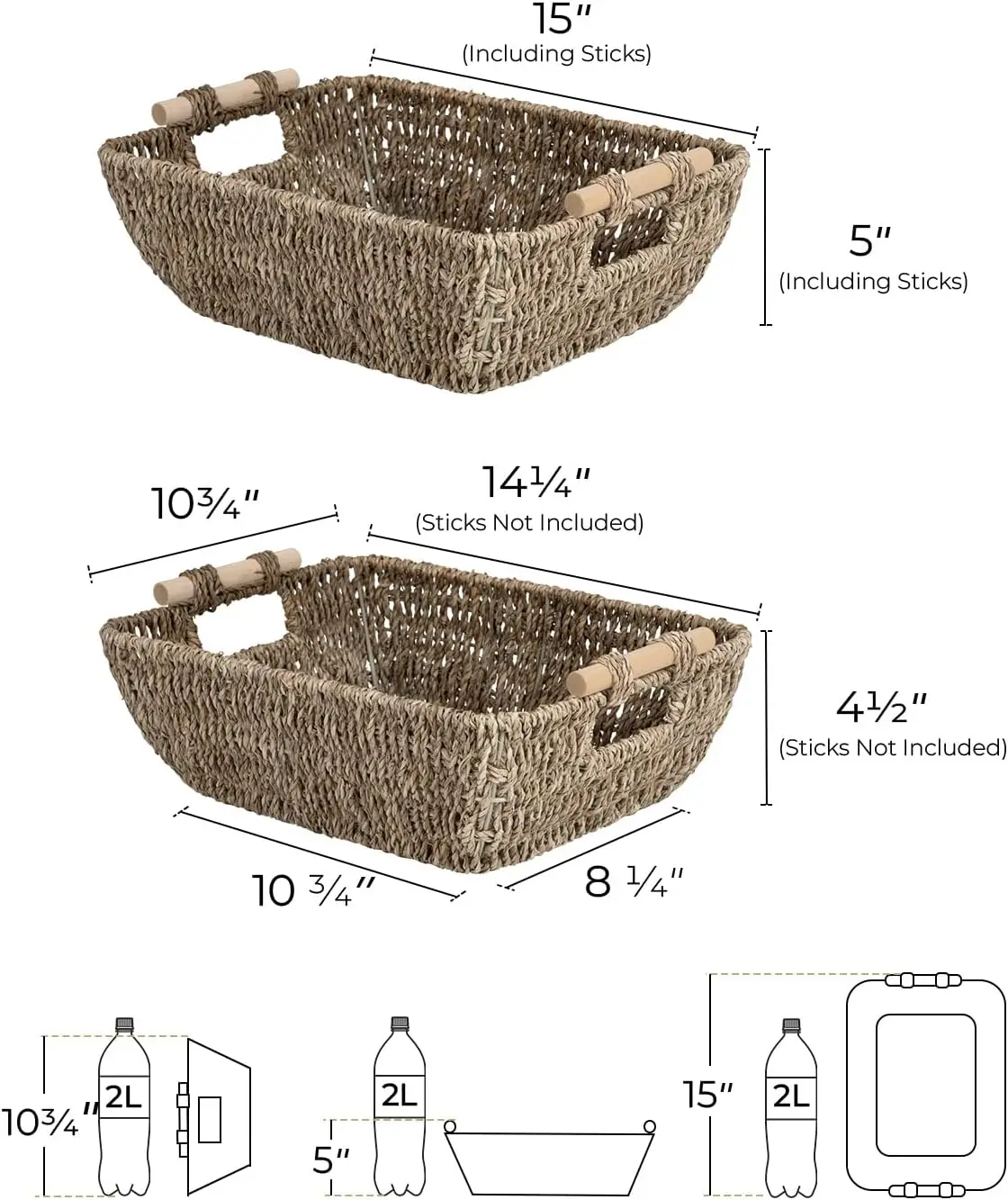 Hand-Woven Large Storage Baskets with Wooden Handles, Seagrass Wicker Baskets for Organizing, 2-Pack