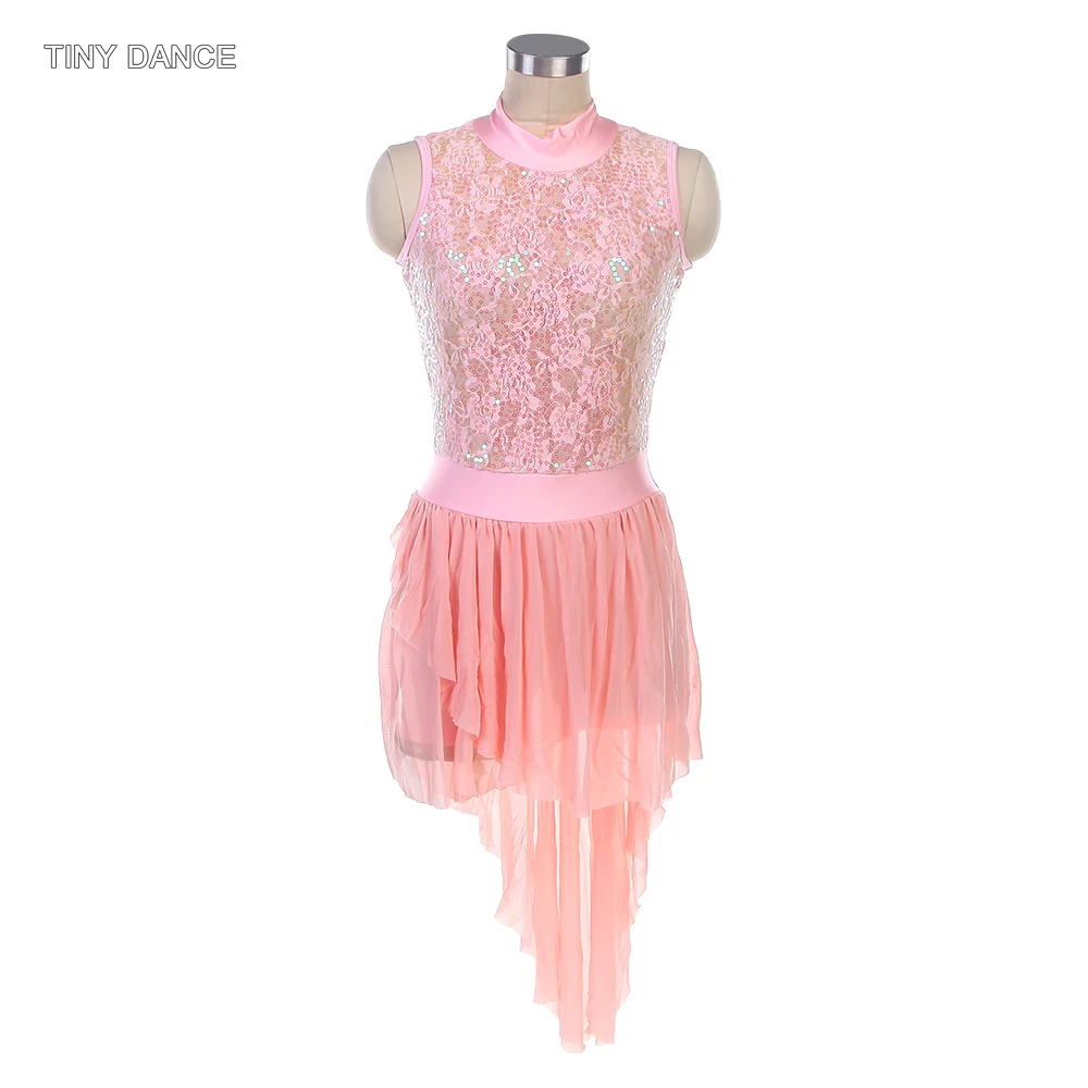 

Лирический современный костюм для взрослых, балетное танцевальное платье с высоким воротом для женщин, кружевной лиф из спандекса с блестками, сетчатые юбки 16027