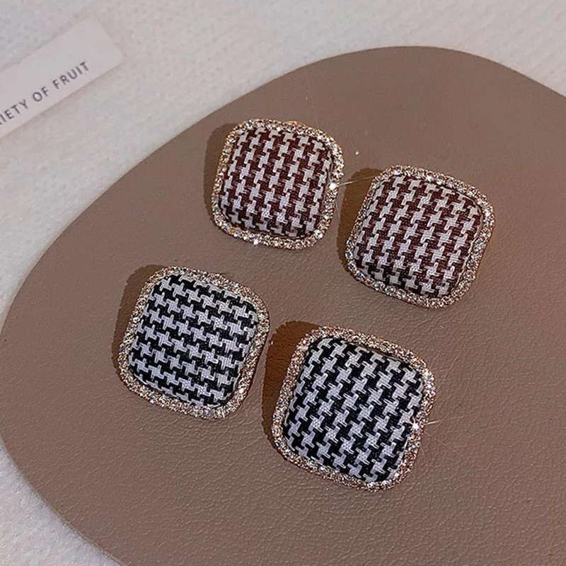 

Houndstooth Fabric Rhinestone Stud Earrings 2022 New Trendy Temperament Autumn Winter Women's Earring Jewelry Accessories Gift