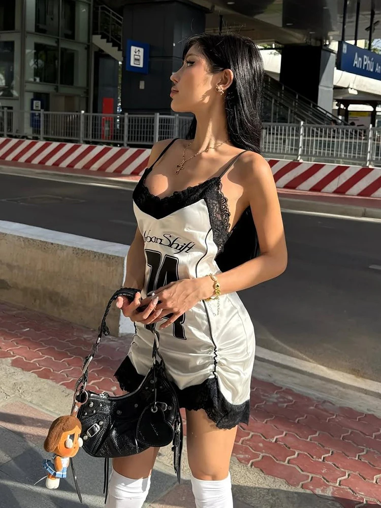 Abito con stampa digitale Donna Sexy Bordi in pizzo Patchwork Senza schienale Senza maniche Con lacci Pieghettato Midnight Club Mini aderente