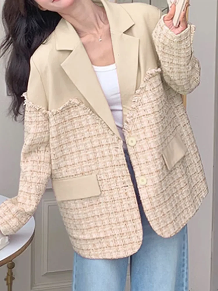 2025 Autumn Lady Office Suits Women Elegant Long Sleeve Plaid Splicing Blazer Casual Loose Jackets Lapel Neck Coats VONDA