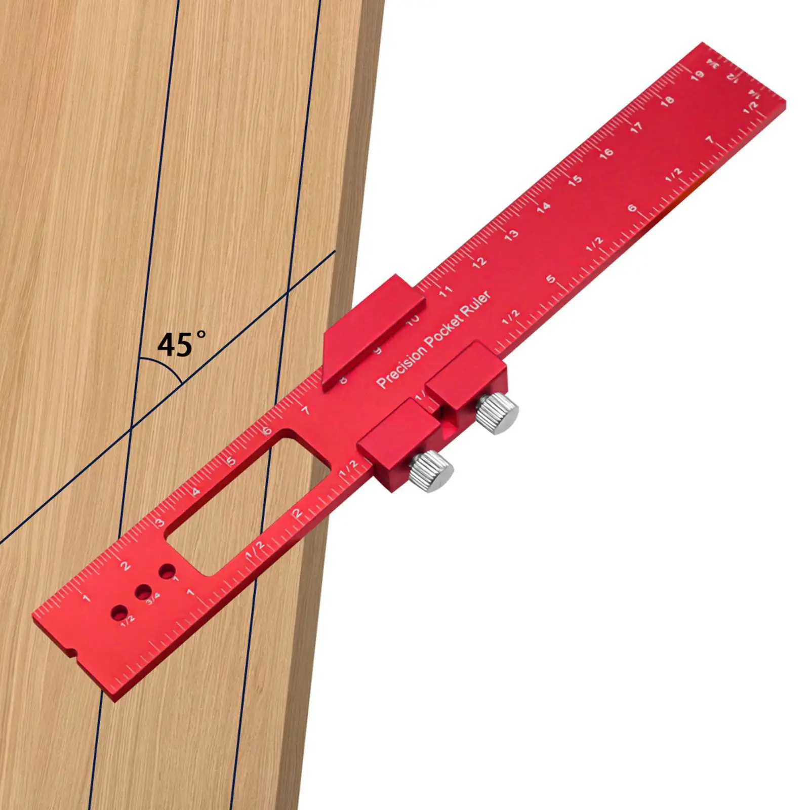 Pocket Ruler Aluminum Woodworking Ruler 45 Degree Sliding Designed 1/2", 3/4", and 1" Holes Durable T Track Ruler