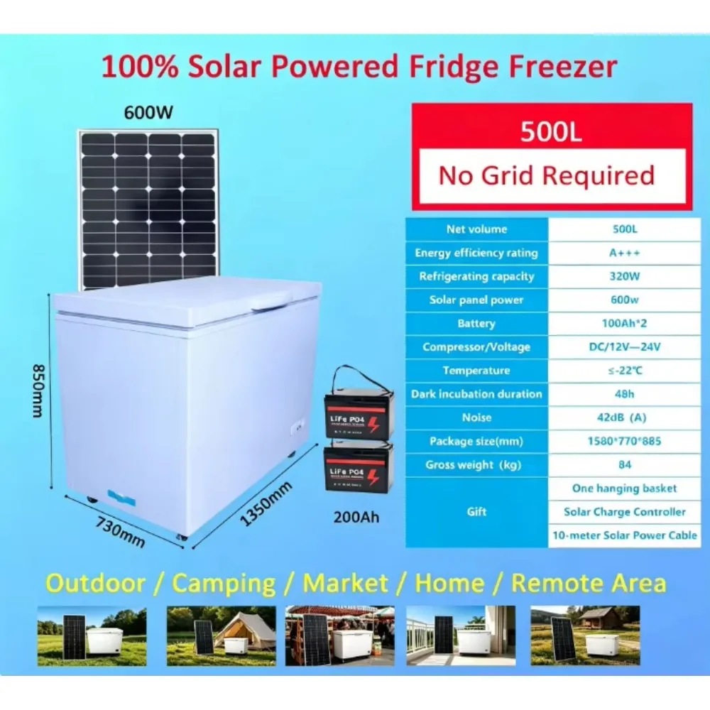 500L Solar-Powered Horizontal Freezer for Home & Commercial Use - Off-Grid, Zero Electricity Cost, Durable Stainless Steel